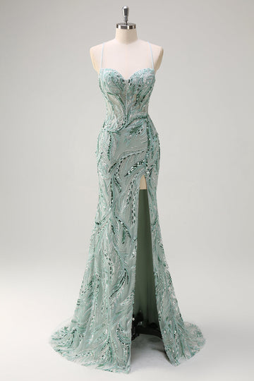 Zapaka Women Sparkly Green Long Prom Dress with Slit  Mermaid Spaghetti Straps Beaded Evening Dress